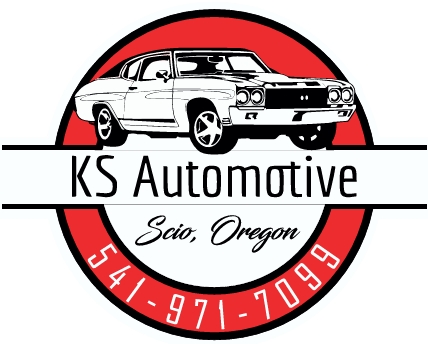 KS Automotive, Scio Oregon. Their own logo, a line drawing of a muscle car inside a red circle.